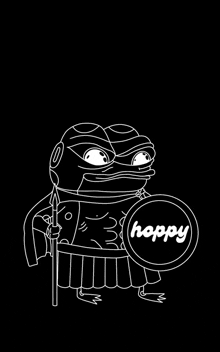 a black and white drawing of a frog wearing a cape and holding a shield with the word happy on it .