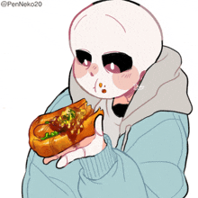 a drawing of a skeleton holding a hot dog