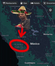 a man wearing a sombrero is on a map of mexico