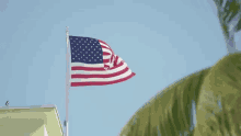 a large american flag is waving in the wind on top of a building next to a palm tree .