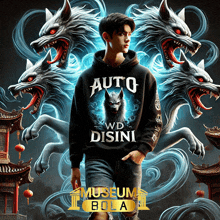 a man wearing a hoodie that says auto wd disini stands in front of three werewolves