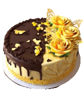 a cake with yellow roses and butterflies has the letters a.c. on it