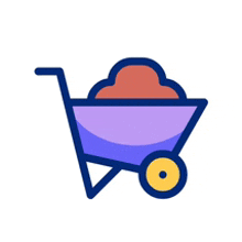 a purple wheelbarrow filled with dirt and a yellow wheel .