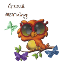 a cartoon owl is sitting on a branch with butterflies and the words good morning