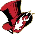 a cartoon drawing of a red top hat with flames on it on a white background .