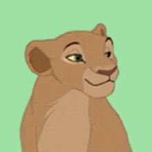 a cartoon drawing of a lioness sitting down on a green background .