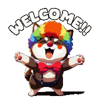 a cartoon of a dog wearing a clown wig and bow tie says welcome