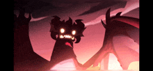 a cartoon drawing of a monster with glowing eyes and horns