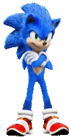 a blue sonic the hedgehog standing with his arms crossed on a white background