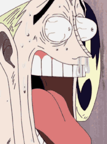 a close up of a cartoon character 's face with his tongue out