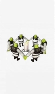 a group of shrek dolls are standing in a circle holding hands .