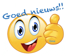 a smiley face giving a thumbs up with the words " goed nieuws " written below it