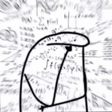 a black and white drawing of a person sitting in front of a wall of math equations .