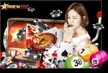 a woman is surrounded by poker chips and balls with the number 38 in the middle