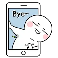 a cartoon character is standing in front of a cell phone and saying `` bye '' .