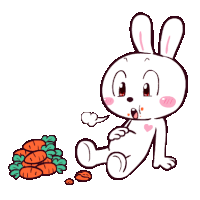 a cartoon rabbit is sitting next to a pile of carrots and eating one