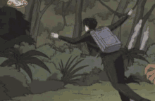 a cartoon of a man falling through a jungle with the letter s on the bottom right