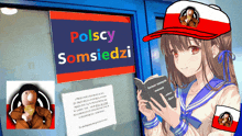 a cartoon of a girl reading a book in front of a sign that says polscy somsiedzi