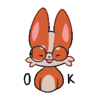 a cartoon drawing of a fox with glasses and the letter ok below it