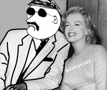 a black and white drawing of a man and a woman with the woman wearing a shirt that says dood