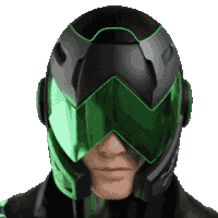 a man wearing a black helmet with green goggles on his face