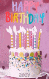 a birthday cake with candles and sprinkles on it is on a table .