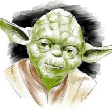 a close up of a drawing of yoda with a black background