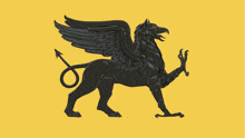 a black griffin on a yellow background with a tail that has an arrow pointing to it