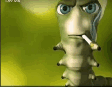 a cartoon caterpillar is smoking a cigarette with a green background