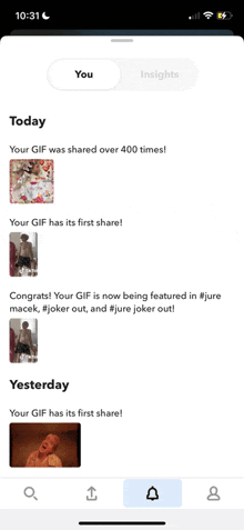 a screenshot of a gif app that says today your gif was shared over 400 times your gif has its first share