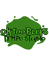 a logo for ok100plus tempo studio has a green background