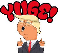 a cartoon of donald trump giving the middle finger with the word yuge behind him