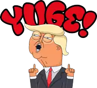 a cartoon of donald trump giving the middle finger with the word yuge behind him