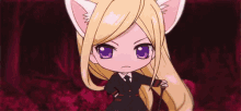 a chibi anime girl with long blonde hair and cat ears is standing in a dark room .