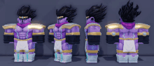 a cartoon character with purple hair and gold armor is shown in four different angles