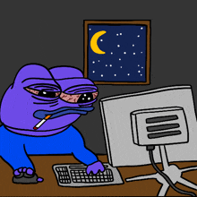 a cartoon of a purple frog smoking a cigarette in front of a computer monitor