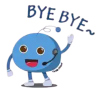 a blue cartoon character wearing a headset and waving says bye bye