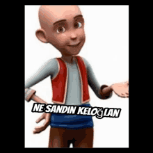 a cartoon character with a bald head and a red vest is standing with his hands out .