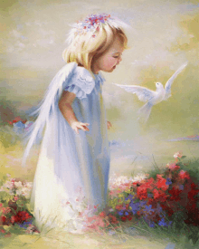 a painting of a little girl with wings and a dove