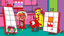 a group of cartoon blocks are standing around a gumball machine .