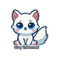 a sticker of a white cat with blue eyes and the words stay informed below it