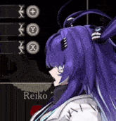 a girl with purple hair and the name reiko on the bottom right