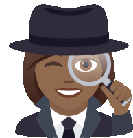 a woman wearing a hat and a suit is looking through a magnifying glass