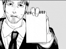 a black and white drawing of a man in a suit and tie holding a notebook .