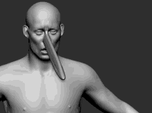 a statue of a man with a long nose and without a shirt