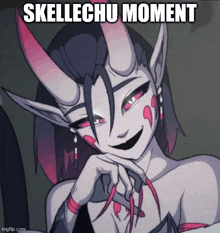 a picture of a girl with horns and the words " skellechu moment "