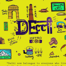 a yellow background with drawings of delhi metro and other places