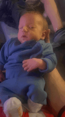 a baby wearing a blue sweater is being held by a person