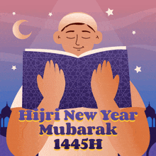 an illustration of a man reading a book with the words hijri new year mubarak 1441h below him