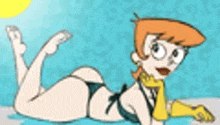 a cartoon of a woman in a bikini laying on her stomach on the floor .